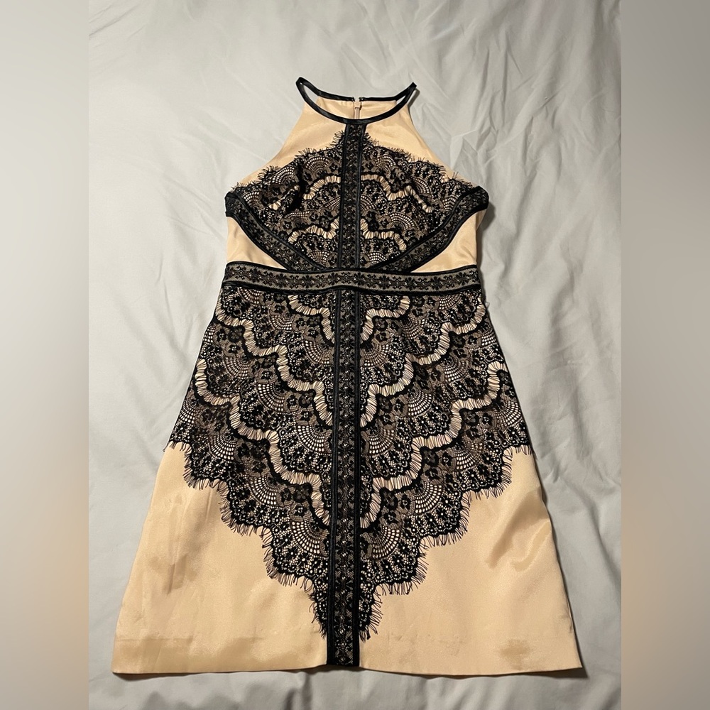 Champagne and black lace BeBe dress